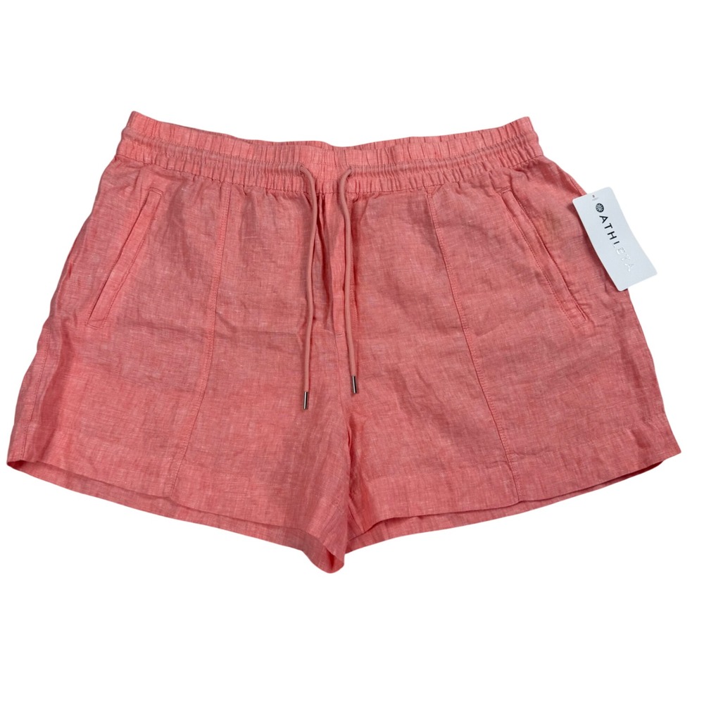 Athleta Retreat 100% Linen Shorts Coral Pink Drawstring Pockets Size 18 NEW